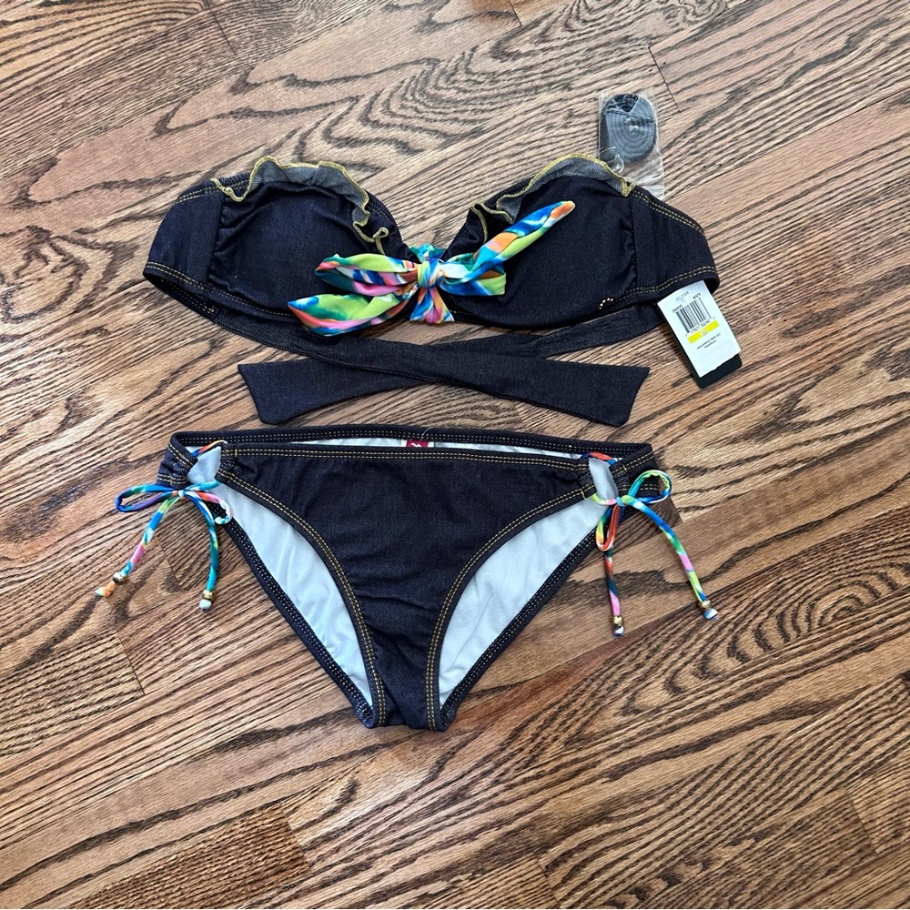 Guess NWT medium bandeau bikini denim print floral tie removable halter $94